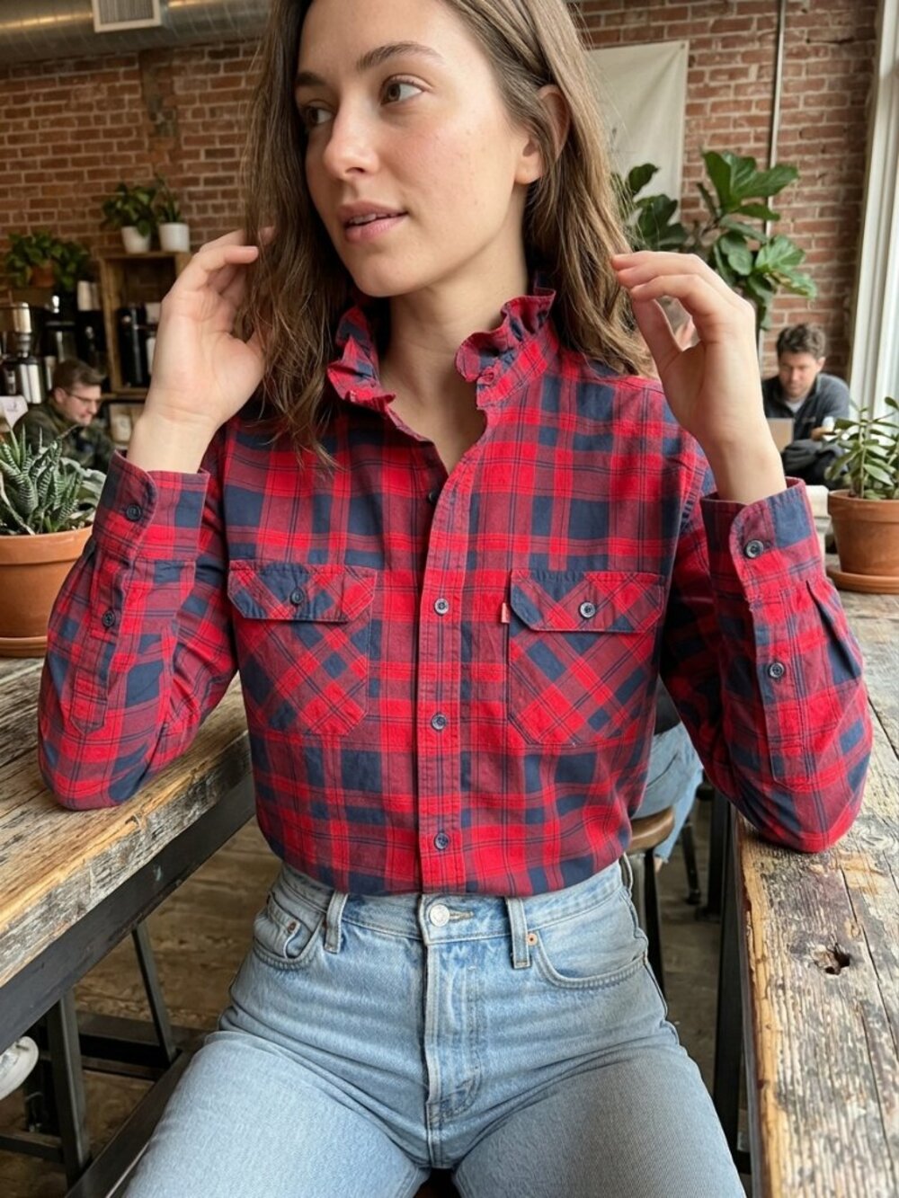 Upcycled Vintage Levi's Red Plaid Button-Up Shirt ruffle collar M
